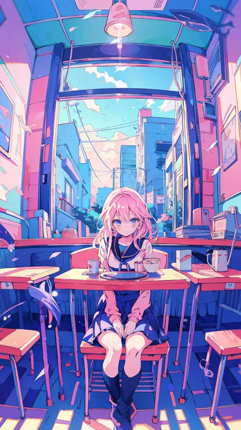 anime girl sitting at a table with a cup of coffee, anime vibes, lofi girl, anime aesthetic, anime style illustration, anime art style, lofi portrait, anime style 4 k, lofi girl aesthetic, digital anime illustration, beautiful anime art style, beautiful an...