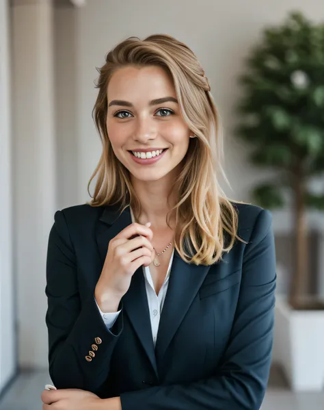 (comely, blonde hair rich in details, blue colored eyes, comely teeth, Full body recording, with an ice cream in hand (adorable freckles), (charming smile, mischievous expression), (playful pose), (business dress), (strange breeze, loose hair), (nblurry ba...