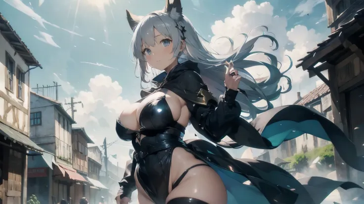 thicc, large breasts, silver fox ears, fantasy medieval sorcerer clothing, sexy clothing, ancient town, dust clouds, windy day, bright colors, amazing details