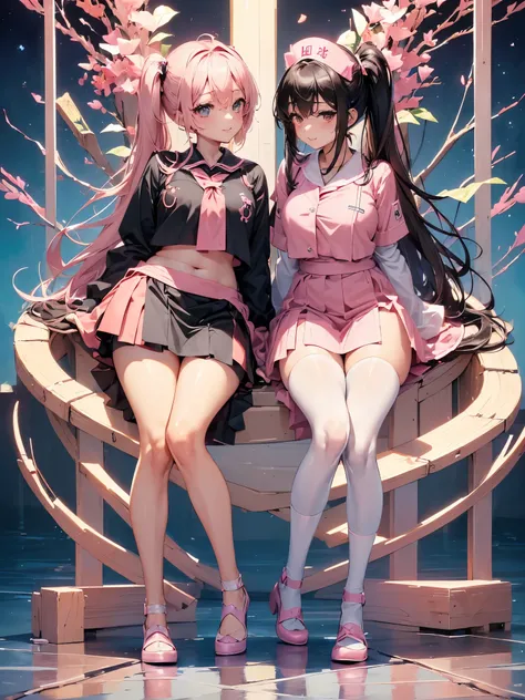 ((((((アニメ調cute顔)))))), ((Brown skin:1.2)), ((((Pink and black nurse costume with a lot of exposure)))), Highest quality, (((Sharp details))), 8k, ((cute)), (Black hair twin tails)、（Pink frill hair accessory）、 (looking at the camera),,（cute胸:1.2）、((Body-fit...