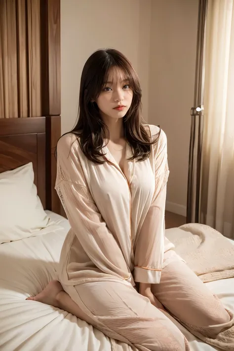 1girl, sitting on bed, wearing sexy pajamas, bedroom interior, dim lighting, (best quality,4k,8k,highres,masterpiece:1.2),ultra-detailed,(realistic,photorealistic,photo-realistic:1.37),beautiful detailed eyes,beautiful detailed lips,extremely detailed face...