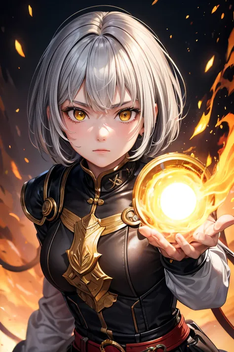 high detail, clear, 8 kk, Girl, 18 years old, light gray hair, Short hairstyle, Yellow eyes, Stand on the fire, realism, fantasy,