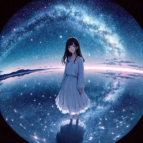 1lady solo, (from above) (looking up), (calm outfit), (mature female:0.8), /(black hair/) bangs, kind smile, (masterpiece best quality:1.2) delicate illustration ultra-detailed BREAK (Uyuni Salt Flat) outdoors, (starry sky) midnight, lake, (water surface r...