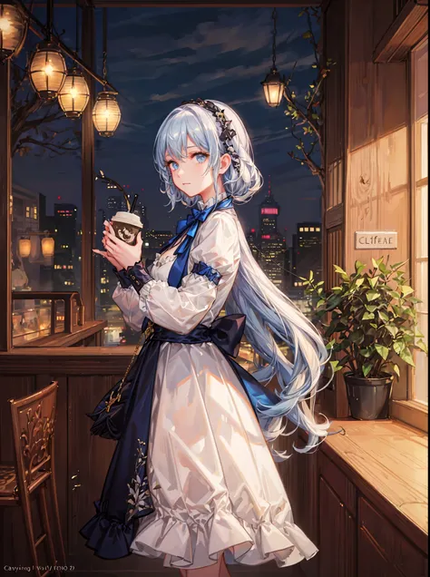 A girl with curly white and blue hair holding a cup of coffee. Scene at night cafe, candid pose, potrait, cinematic warm light, cinematic blue light, lightbeam