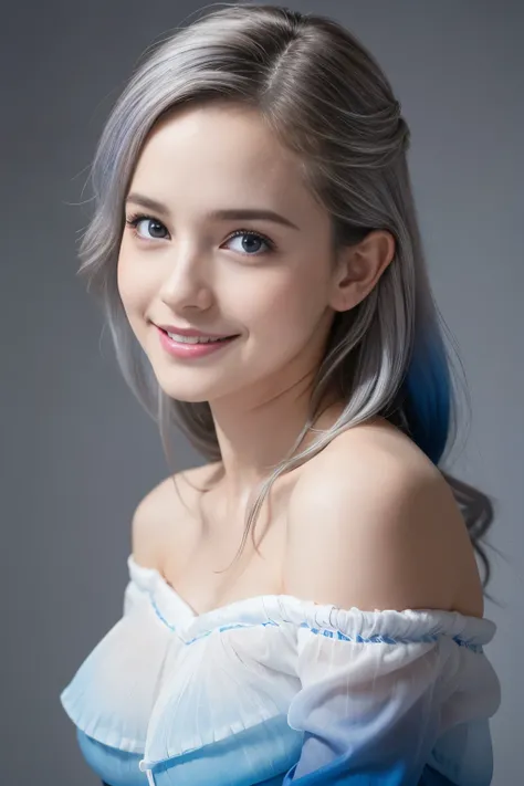 masterpiece, Highest quality, 8k, 18-year-old, RAW Photos, Absurd, Award-winning portraits, smile, smile, Pure, German, Blue-White ((Ombre)) dress, (Huge breasts), Gray Hair, blue eyes, Off the shoulder, Waist open, ((whole body))