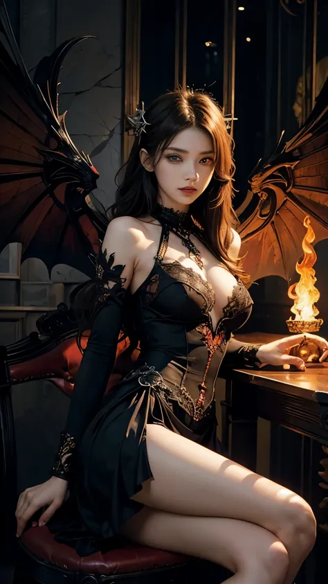 (Masterpiece, Highest quality, best quality, official art, beautiful and beautiful:1.2), (1 girl),The beautiful demon angel in fairy tales,angel wings,Fantasy,Big breasts,sexy,Tempting,Mr. Charm,sit,มีปีศาจscaryตัวแดงยืนอยู่ข้างหลัง,,Gothic,dark corner,sca...