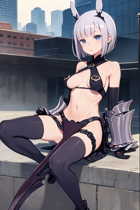 fantasy, 1girl,young_teen, ,silver_hair, short_hair, long_bangs, bare_shoulder,thighhighs,silver_armor, waist_armor, large_breasts,half_eyes,floating, bare_crotch, headgear,gauntlet, greaves,city_background,slightly_spread_legs, solo, groin_naked,hair_over...