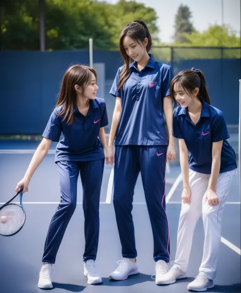 3 girls play tennis at tennis courts, navy blue short-sleeved shirt,navy long trackpant,sweatpants, sweatpantsขายาว,25 year old ...