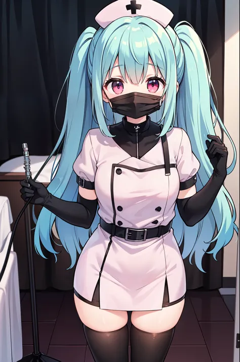 black nurse, 1girl, solo, black nurse cap, black nurse uniform, ((black legwear, zettai ryouiki)), black elbow gloves, ponytail, green hair, pink eyes, ((black surgical mask, covered nose)), standing, ((surgery room)), sharp outline, short sleeves, best qu...