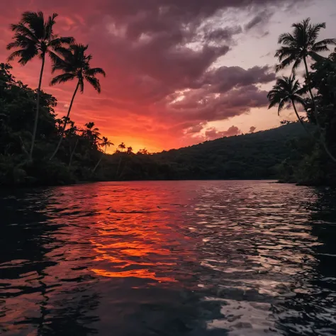 Ultra-high resolution, 4K, Super detailed, Movieような, a photograph of  Juxtaposition of a red sunset with palm woods and a body of water,Juxtaposition,artistic,photograph,Dramatic Light,Dramatic shadow light,Contrast,saturated color,Movieような,Movie,photograp...