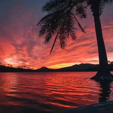 Ultra-high resolution, 4K, Super detailed, Movieような, a photograph of  Juxtaposition of a red sunset with palm woods and a body of water,Juxtaposition,artistic,photograph,Dramatic Light,Dramatic shadow light,Contrast,saturated color,Movieような,Movie,photograp...