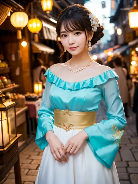 A vibrant anime-style scene set in a lively, illuminated street market at twilight. The central character is a young woman with fair skin, short blonde hair with a slight wave, and bright green eyes, standing confidently in the middle of a traditional Japa...