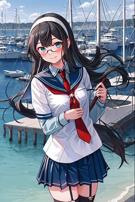 best quality, masterpiece, highres, solo, {ooyodo_kantaicollection:1.15}, black_hair, long_hair, glasses, hairband, semi-rimless_eyewear, under-rim_eyewear, blue_eyes, green_eyes, blush,small_breasts, 1girl, school_uniform, serafuku, pleats_skirt, looking_...