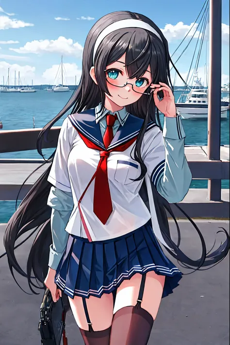 best quality, masterpiece, highres, solo, {ooyodo_kantaicollection:1.15}, black_hair, long_hair, glasses, hairband, semi-rimless_eyewear, under-rim_eyewear, blue_eyes, green_eyes, blush,small_breasts, 1girl, school_uniform, serafuku, pleats_skirt, looking_...