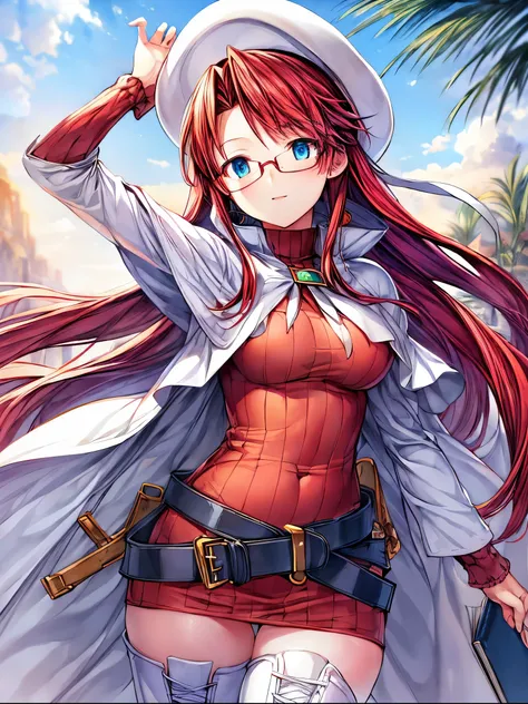 summonnightaty, aty, (young:1.3),long hair, blue eyes, red hair, big_tits, hat, glasses,
BREAK long hair, thighhighs, hat, dress, naked_legs, glasses, belt, cape, sweater, zettai ryouiki, beret, thigh boots, white footwear, ribbed sweater, loose belt,solo,...