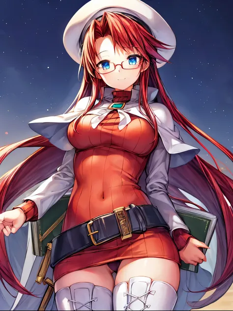 summonnightaty, aty, (young:1.3),long hair, blue eyes, red hair, big_tits, hat, glasses,
BREAK long hair, thighhighs, hat, dress, naked_legs, glasses, belt, cape, sweater, zettai ryouiki, beret, thigh boots, white footwear, ribbed sweater, loose belt,solo,...