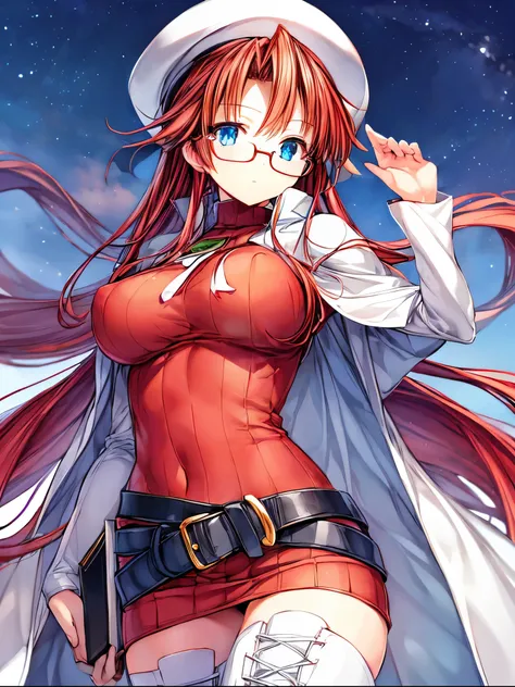 summonnightaty, aty, (young:1.3),long hair, blue eyes, red hair, big_tits, hat, glasses,
BREAK long hair, thighhighs, hat, dress, naked_legs, glasses, belt, cape, sweater, zettai ryouiki, beret, thigh boots, white footwear, ribbed sweater, loose belt,solo,...