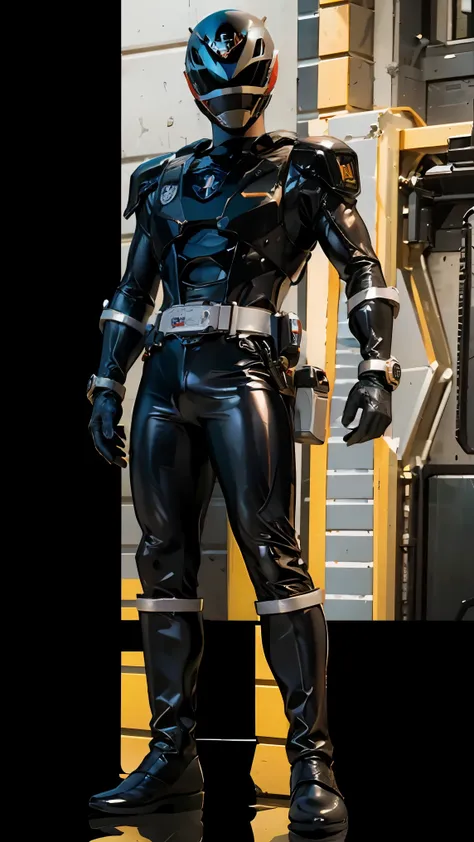 1boy, full body, Illustration, cinematic light, high resolution, best quality, ultra-detailed, masterpiece, power suit, powerranger, suit, spd, gold detail, ((Black suit)), earth particle, pebblems, stones floating,