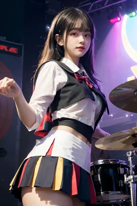 1girl, colorful school outfits, ray tracing, concert stage, school girl, drummer,