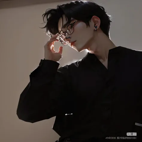 There is a man wearing a black shirt and glasses talking on the phone。, One in Ulza, cai xukun, Shin Jin Hye aesthetic, Inspired by Zhang Han, Shin Jin Hye, Delicate hermaphroditic prince, Kim Do-young, jung jaehyun, wearing black glasses, The earlobes are...