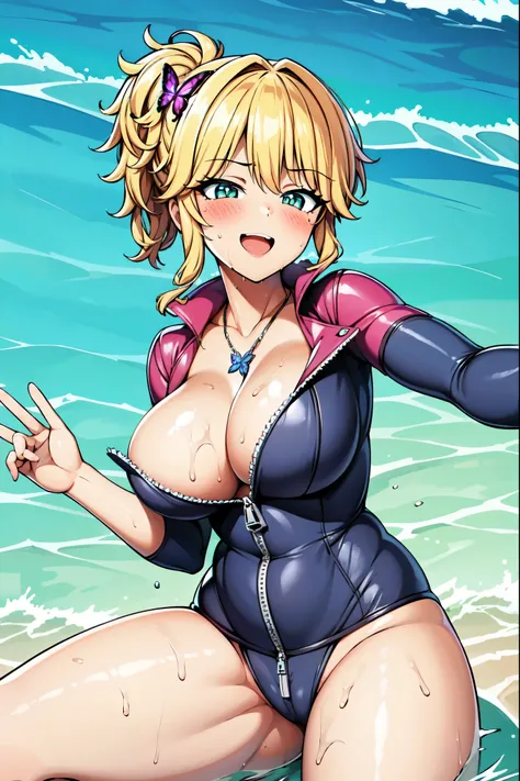 （（super high quality,Ultra-high resolution,16K,super masterpiece,Ultra HD,Ultra high definition,））One Girl,A bright and shiny pink wetsuit,Zipper opening from neck to crotch,Large collar,Tight collar,popped collar,Butterfly shaped light blue necklace,Looki...