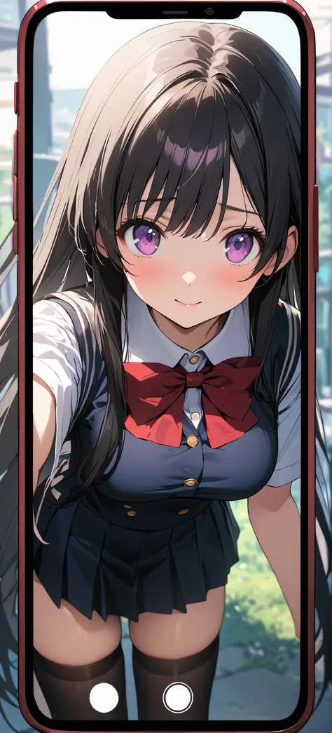 anime girl with long hair and purple eyes in a school uniform