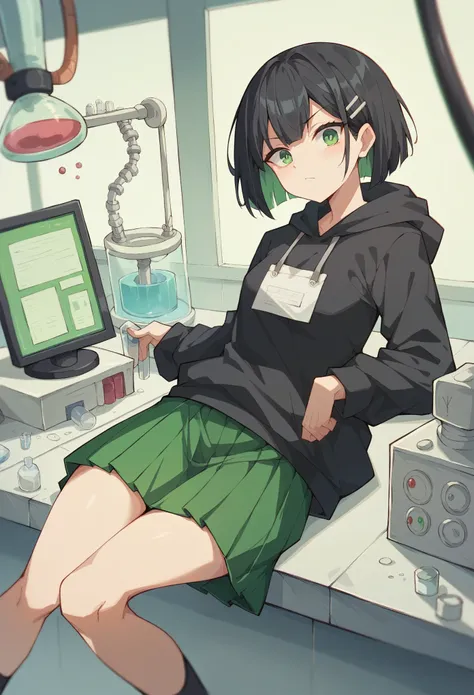 A middle school girl in a bad mood,,laboratory,Test subject,Green eyes that look like death,black hair,offender,Black hoodie,Girl in white cell,Slender,Dongtaenun,Green skirt