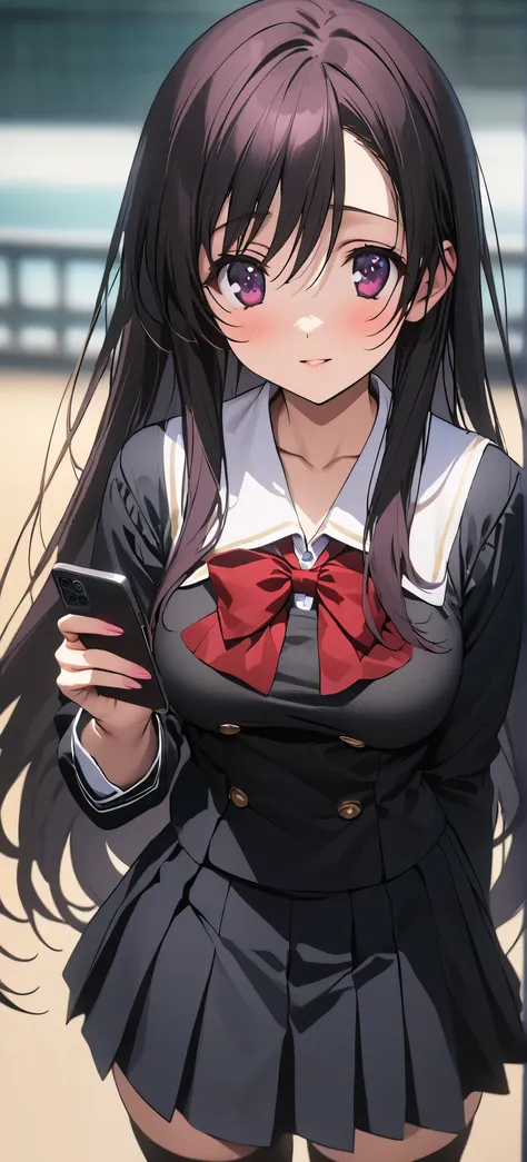 anime girl in school uniform holding a cell phone and looking at her phone