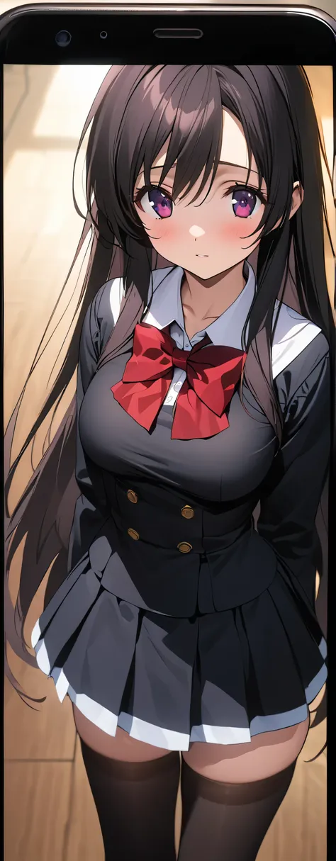 anime girl in school uniform with red bow tie and black jacket