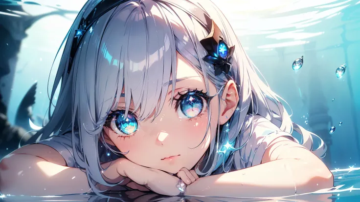 Best quality、Photorealistic、Ultra-detailed、delicate、Orderly、High Detail、Bluish Silver Short Bob、(Drooping heterochromia iris,glowing eyes、Sparkling Eyes:1.3)、Slender、(One girl:1.2)、(Girl upside down in water、In the deep sea:1.3),Ambient Occlusion、Ambient L...