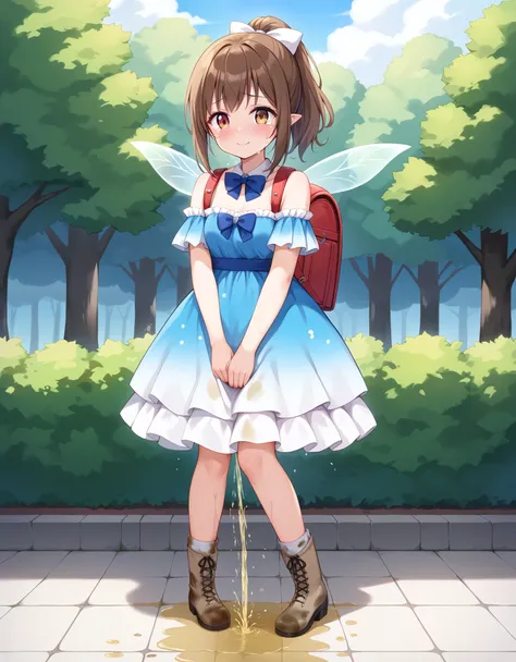 Masterpiece, hd, 1girl, cute girl, 8 years old, , brown hair, smile, ponytail, hair ribbon, wearing cute dress, frilled dress,party dress,party costume, colorful dress, bare shoulder, bowtie, standing, outdoor, park, sad, crying, shy, embarassed, wearing r...