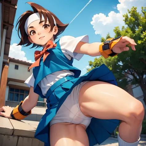 (Hinata Wakaba jumping open thighs),shoot from below,headband, white shirt, bow, Blue Vest, pleated skirt, fingerless gloves, socks,School Sky,white panties,1girl,独奏,manspread,