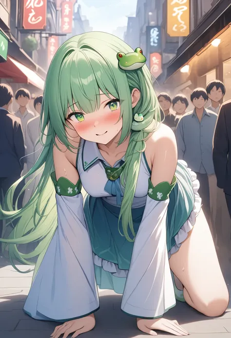 long shot,ground shot, ground shot,glowing skin, high quality, masterpiece,beautiful girl, kochiya sanae,, green hair, long hair...