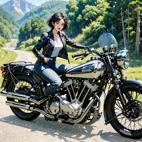 (riding on motorcycle:1.2), beautiful young woman、18-year-old、beautiful face, beautiful delicate eyes, black hair, short bob hai...