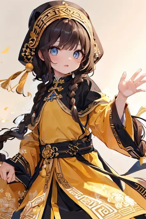 masterpiece, best quality,flat chest, cute eyes, twin braid, dark brown hair,yellow antiquity chinese clothes,babushka