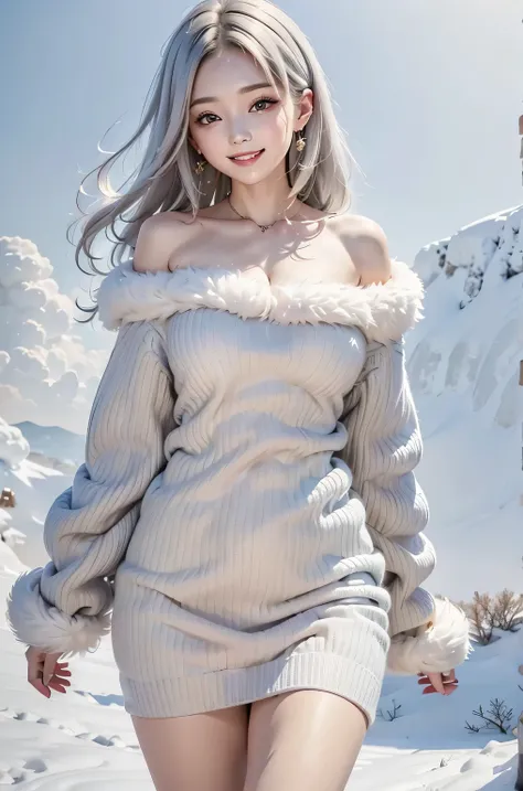 masterpiece、Highest quality、1girl, honeystyle, winter, Gray Hair, cute, smile, Medium chest, off shoulder knit sweater, Fur coat、Narrow waist、Thin legs, it's snowing, in the forest