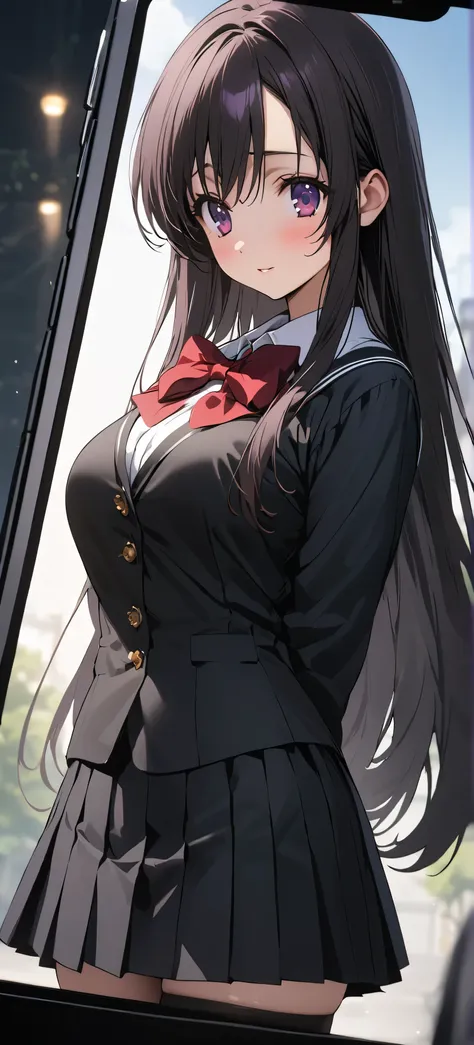 anime girl in uniform standing in front of a window with a city in the background