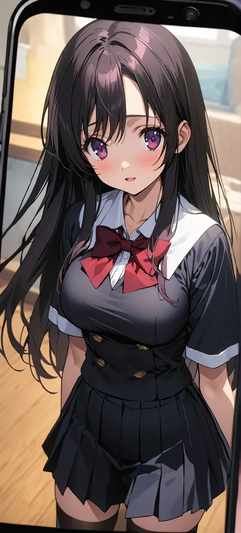 anime girl in school uniform standing in front of a cell phone