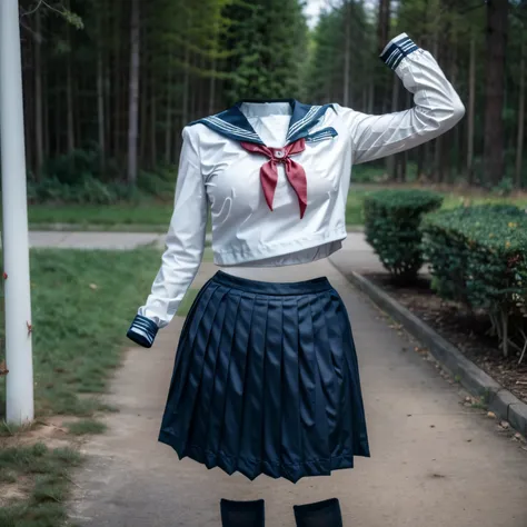 (invisible, no humans:1.5, headless:1.5, handless, legless), grey skirt, long sleeves, neck ribbon, red ribbon, ribbon, sailor c...