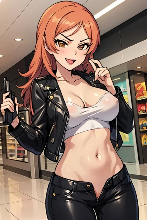 1girl, komatsu ibuki, :d, blush, lipstick, long hair, Hot girl, baddie, staring, glaring, bad attitude, mean girl, crazy, smoking, mall, shopping center,indoors, smile, masterpiece, best quality, highly detailed, a girls with a gun, evil smile , open mouth...