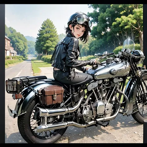 Bluff Superior SS100、(クラシックRiding on motorcycle )、(Vintage Bikes、Bluff Superior SS100)、Isle of Man Races、 (Riding on motorcycle:1.2), Beautiful young woman、18-year-old、Beautiful Face, Beautiful delicate eyes, Black Hair, Short Bob Hair,  Classic Leather Ja...