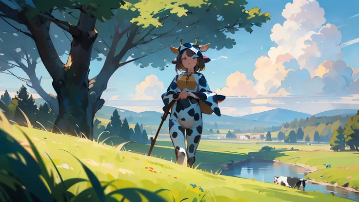 ((Best quality)), ((masterpiece)), (detailed), (((1 girl on the right in a cow costume)))) The clearing is simply covered with grass., 2 trees in the distance, cloud and sun. The white river in the middle is big