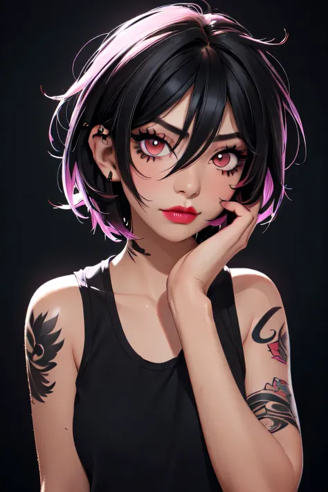  1girl, solo, face, looking at viewer, punk, black hair, short hair, spiked hair, hair between eyes, mascara, eyeliner, eyeshadow, lipstick, tattoo, tank top, short shorts.