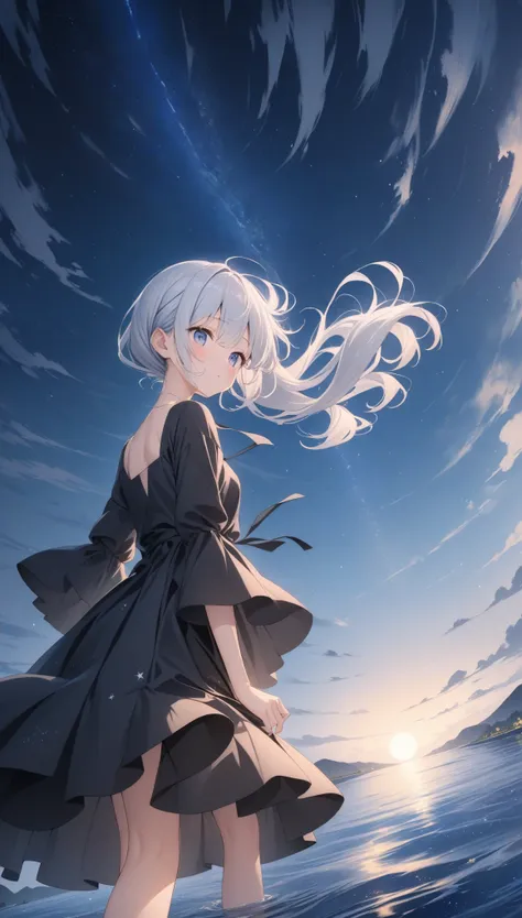 ((style:Colored pencil,pale colour)),(anime)、(masterpiece:1.2),Atmospheric perspective,Lens flare、cute、Hair blowing in the wind、((A simple black dress))、Starry night sky、Moonlight pours down from above、Very mysterious、Light effects、、Gray and white gradient...