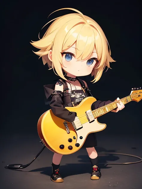 (((Metal Band)))、Cute and soothing character、(((A small, blonde character who plays metal guitar)))、A chibi character wearing a metal girl-like outfit、A beautiful depiction using tens of thousands of colors、masterpiece、Ultra HD、super high quality、8k、Side g...