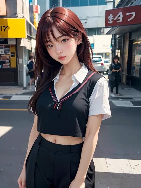 (((realistic photography))),, portrait, (afraid face:1.3),, beautiful girl, looking at viewer, , (school uniform:1.2), shirt buttoned and trousers, , (busty cleavage:1),, in the japan street, (environment details:1.3),, (RAW Photo, cg unity, photography, u...