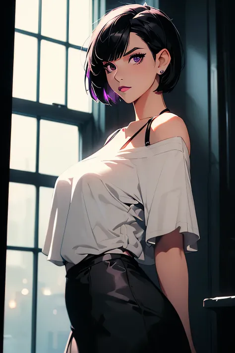 Eliza From Tekken, short black hair with bangs past her shoulders, short hair at the back of her head, sexy look, soft gothic makeup on her eyes, purple lipstick, casual light blouse with low neckline, short black skirt made of light fabric, sensual pose, ...