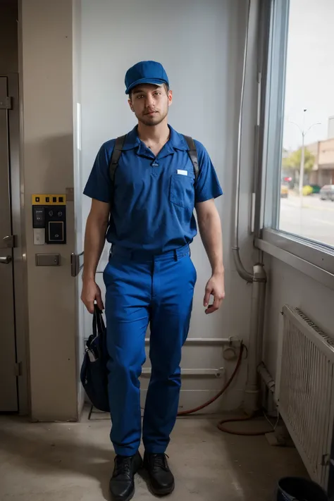 tired male worker wearing blue work uniform with cap show full body