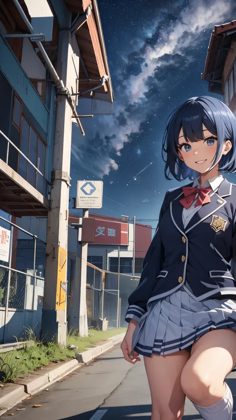 Starry Sky,One  girl,short hair,blue hair mixed colored red hair,((high school uniform)),rage,grin,slender body,socks,sneakers.