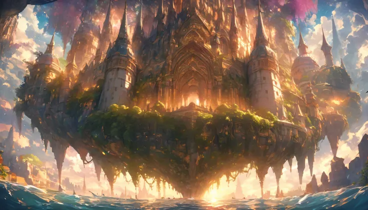 In the heart of a fantastical maze, a wondrous world unfolds: a lush forest surrounds a majestic castle, its towering spires reaching towards the sky. This mesmerizing painting captures every intricate detail of the intricate landscape, from the tangled gr...